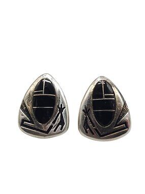 Teme Navajo Sterling Silver Black Onyx Post Earrings Tribal Design 7.84g